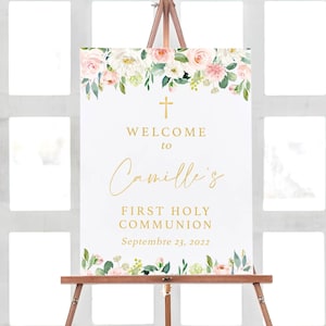 Custom Communion Sign, Floral Communion Party Decor, First Communion Banner Printable, Welcome First Communion Girl