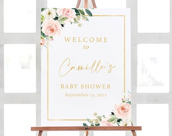 Welcome Baby Shower Decorations Printable, Gold Baby Shower Decor, Personalized Baby Shower Sign, Floral Baby Shower Poster