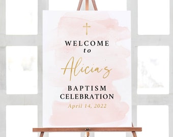 Signe de bienvenue de baptême, Décorations de baptême personnalisées, Décorations imprimables de baptême à l’aquarelle, Signe de fille de baptême en or