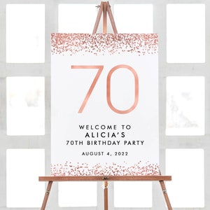 70th Birthday Sign Personalized, 70th Party Decorations, Rose Gold Confetti Party 70th Birthday Poster Welcome Birthday Sign