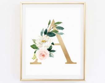 Carta de flores, arte inicial de la pared, carta del vivero de oro, signo de monograma boho, arte de la pared de oro de la letra, oro del vivero imprimible, decoración de la pared del monograma