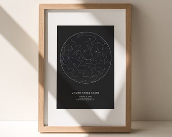 Under These Star Print, Custom Night Sky Star Map Print, First Year Anniversary Gift, Constellation Map