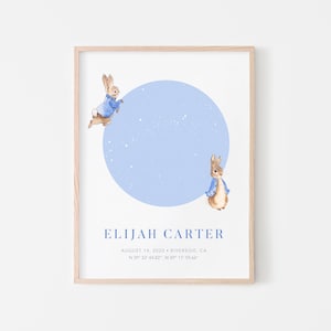 Cadeau de Naissance, Carte du Ciel, Pierre Lapin, Carte du Ciel pour Fille, Affiche Bébé, Cadeau Baby Shower, Affiche Peter Rabbit