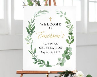 Baptism Welcome Sign, Welcome Baptism Sign Banner, Custom Baptism Printable, Christening Decorations, Greenery Baptism Poster