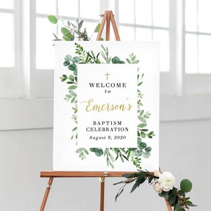 Greenery Baptism Welcome Sign, Baptism Party Decor, Baptism Printable, Christening Decorations
