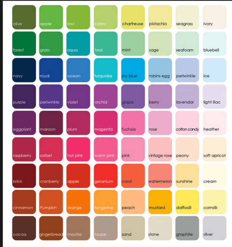 Puede incluir: Una carta de colores con una cuadr&iacute;cula de 60 muestras de colores diferentes. Cada cuadrado es de color s&oacute;lido, con nombres como "navy", "magenta" y "mostaza" impresos debajo. Los colores van desde verdes y azules hasta rosas y naranjas.