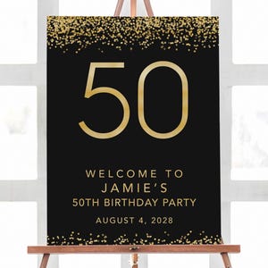 Gold confetti party welcome sign for 50th birthday — personalized name and date printable, birthday party decor keepsake