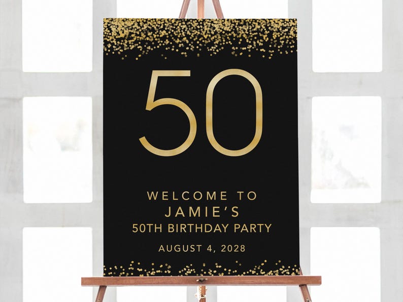 Gold confetti party welcome sign for 50th birthday — personalized name and date printable, birthday party decor keepsake