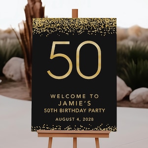 50th birthday welcome sign printable — black and gold confetti with name and date, party decoration 24x36"
