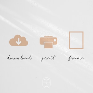 Puede incluir: Gr&aacute;fico beige con tres iconos: una nube con una flecha hacia abajo, una impresora y un marco de fotos. Debajo, las palabras "download", "print" y "frame" est&aacute;n escritas en fuente manuscrita. La imagen tiene una est&eacute;tica minimalista.