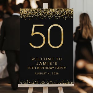 50th birthday party sign personalized with name and date — gold confetti on black, welcome birthday decor 18x24"