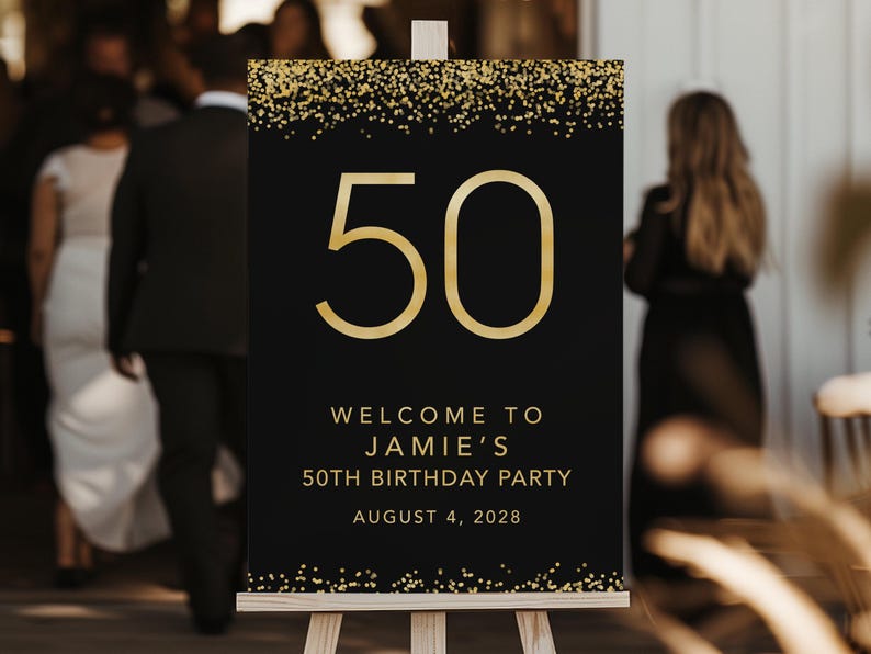 50th birthday party sign personalized with name and date — gold confetti on black, welcome birthday decor 18x24"