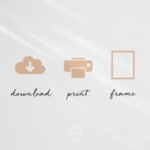 Puede incluir: Una ilustraci&oacute;n digital que muestra los tres pasos para crear una obra de arte imprimible: descargar, imprimir y enmarcar. Los iconos son de color marr&oacute;n claro.