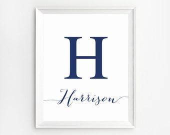 Navy Blue Decor, Nursery Prints, Initial Print, Poster Baby Room Decor, Baby Boy Room Decor, Initial Wall Art, Children, Nursery Wall Art