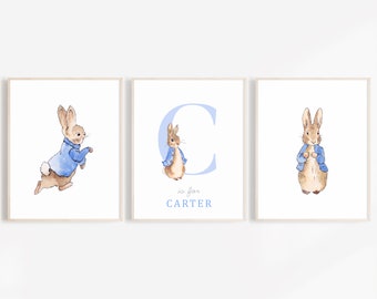 Arte de pared de Peter Rabbit, regalo inicial de Peter Rabbit, juego de 3, decoración de cumpleaños de Peter Rabbit para guardería de niña o niño