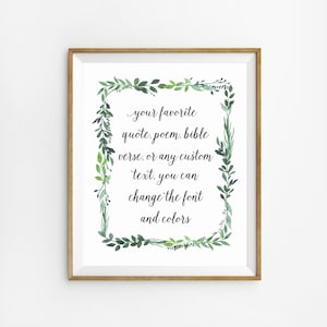 Custom Text Greenery Wall Art, Personlized Print, Custom Quote Printable, Custom Bible Verse Sign, Custom Poem Wall Art