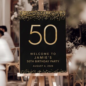 50 birthday sign personalized printable — gold confetti number 50 with name, party decor print at home or print shop