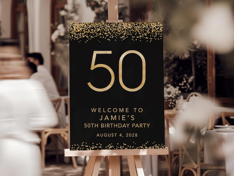 50 birthday sign personalized printable — gold confetti number 50 with name, party decor print at home or print shop