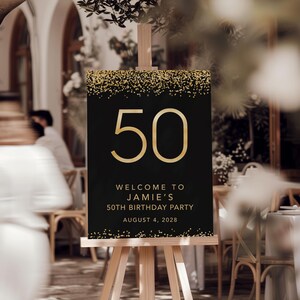 50th birthday decor printable welcome sign — black background gold confetti, sizes from 8x10" to 24x36" and A4 to A1
