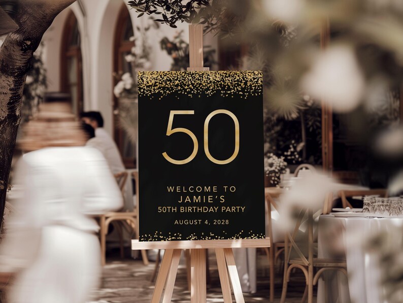 50th birthday decor printable welcome sign — black background gold confetti, sizes from 8x10" to 24x36" and A4 to A1