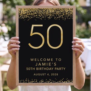 50th birthday welcome sign printed and framed — gold confetti on black, birthday printable A3 size ready to hang
