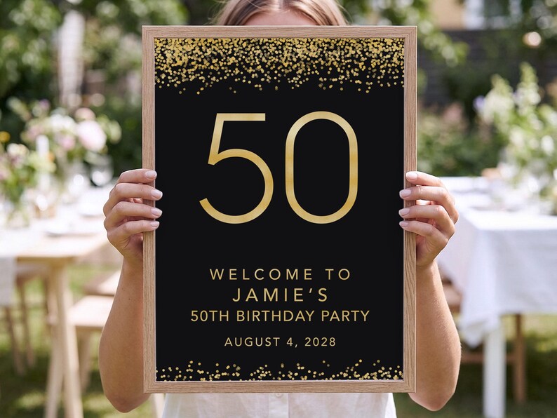 50th birthday welcome sign printed and framed — gold confetti on black, birthday printable A3 size ready to hang