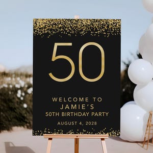 50th birthday party decoration printable available in 8x10 to 24x36 inches and A4 to A1 — black gold confetti welcome sign