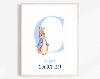 Arte de pared de Peter Rabbit, letrero con nombre para bebé niño, decoración imprimible para habitación infantil, póster de Peter Rabbit para niña, arte de pared personalizado para habitación infantil.