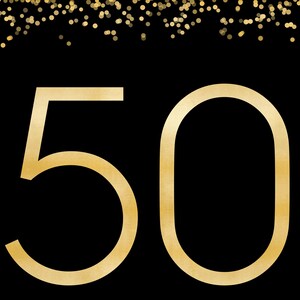 Close-up 50th birthday sign — gold foil typography, number 50 and confetti detail on black, elegant party printable