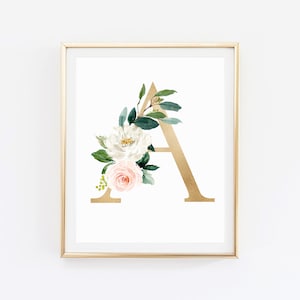 Flower Letter, Initial Wall Art, Gold Nursery Letter Print, Monogram Sign, Letter Gold Wall Art, Nursery Gold Printable, Monogram Wall Decor