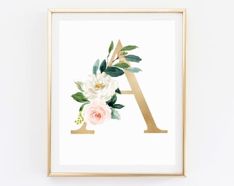 Flower Letter, Initial Wall Art, Gold Nursery Letter Print, Monogram Sign, Letter Gold Wall Art, Nursery Gold Printable, Monogram Wall Decor