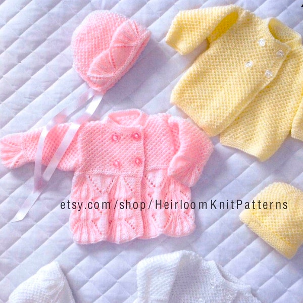 Baby Boy Girl Scallop Jacket Coat Bonnet Hat Vintage Knitting Pattern Jacket Coat Sets Premature size 12''- 18'' Instant Download PDF - 2237