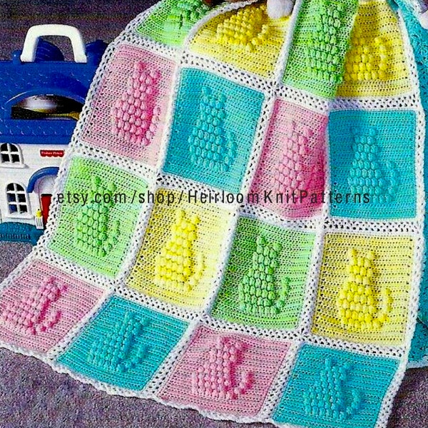 Baby Cat Afghan Blanket Vintage Crochet Pattern Popcorn Stitch Kitty Square Motifs Afghan Crochet Pattern Sport Yarn Instant Download - 841
