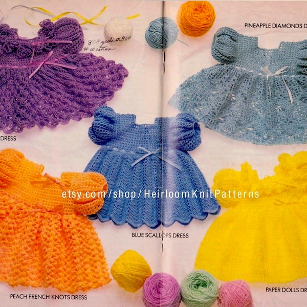 5 Designs Baby Crochet Dress Vintage Pattern PDF Crochet Girl Sundress Lace Scallop Pineapple Ruffle Dress 3M-3Yr Instant Download PDF- 2184