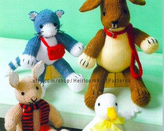 Knit 4 Animal Toys Pattern Cat Dog Rabbit Duck Knitted Baby Toddler Child Stuffed Toy Animal Toy DK Aran Pattern Instant Download PDF - 2240