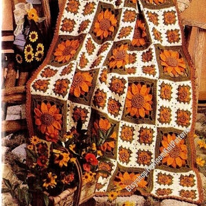 Vintage Crochet Pattern PDF Sunflowers Cover Autumn Garden Afghan Sunflower Motif Granny Square Blanket Throw Instant Download PDF - 2633