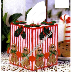 Gingerbread Cookies Tissue Box Cover Topper Vintage Christmas Plastic Canvas Pattern Gingerbread Man Holly Heart Instant Download PDF - 3013