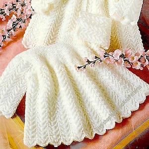 Vestido e casaco para bebê menina, padrão de tricô vintage, DK ou 4 fios, cardigan, top, 16''-18''-20'', nascimento, 6 meses, 12 meses, download instantâneo em PDF - 451