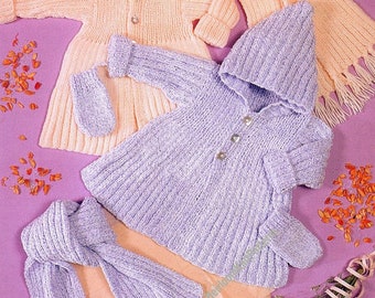 Baby Child Hooded Coat Scarf Mitts Vintage Knitting Pattern 16- 24'' 0M 6M 12M 2Y 4Y Boy Girl Jacket Set DK 8ply Instant Download PDF - 458
