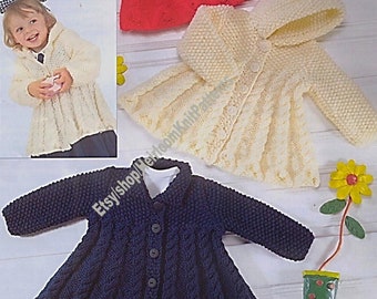 Baby Child Swing Coats Vintage Knitting Pattern 3 Designs 18- 28'' 0- 6 yrs Chunky Bulky Girl Hooded Cable Jacket Instant Download PDF - 489