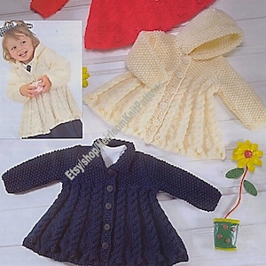 Baby Child Swing Coats Vintage Knitting Pattern 3 Designs 18- 28&#39;&#39; 0- 6 yrs Chunky Bulky Girl Hooded Cable Jacket Instant Download PDF - 489