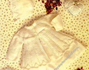 Baby Matinee Jacket Bonnet Bootees Set Vintage Knitting Pattern Girl Cardigan Outfit Premature-Birth-6mths 14-18'' Instant Download PDF- 266