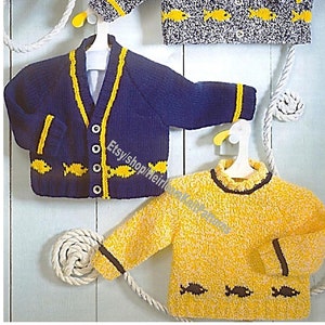 Baby Child Cardigans & Sweater Vintage Knitting Pattern Boy Girl Fish Motif Jumper 3M; 6M; 12M; 2Y; 4Y; 6Y 16-26&#39;&#39; Instant Download PDF- 570