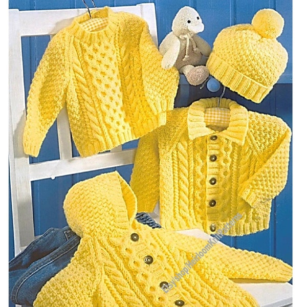 Baby Child Boy Girl Cable Jackets Sweater Hat Vintage Knitting Pattern DK 8ply Children's Hooded Cardigan 0-6 yrs Instant Download PDF - 598