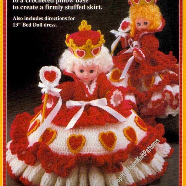 Queen of Hearts Doll Outfit Vintage Crochet Pattern 13'' Bed Doll 8'' Pillow Doll Dress Petticoat Crown Scepter Instant Download PDF - 2562