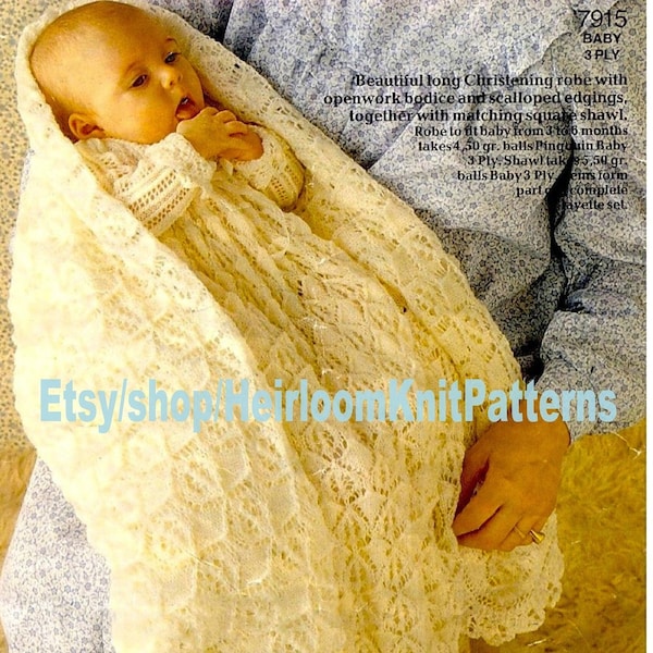 Vintage Baby Knitting Pattern Christening Robe Gown Long Dress and Shawl Set Boy Girl Heirloom Christening Pattern Instant Download PDF- 182
