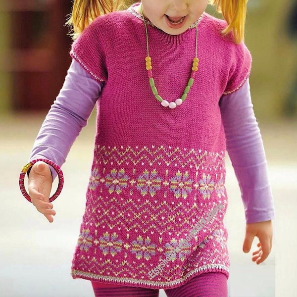 Girls Tunic with Fair Isle Band Vintage Knitting Pattern 2-4-6-8-10yrs Short Sleeve Dress Jumper Pullover Sweater Instant Download PDF - 704