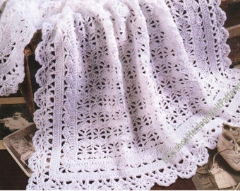 Lacy Shells Baby Afghan with Scallop Edging Vintage Crochet Pattern Boy Girl Blanket Coverlet Christening Shawl Instant Download PDF - 2933
