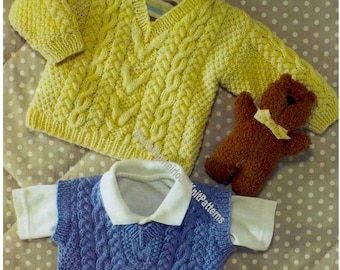 Baby Child Cable Sweater & Slipover Vintage DK Knitting Pattern 16-28'' 0-6M-1-2-4-6-8Y Boy Girl Pullover Vest Instant Download PDF - 781