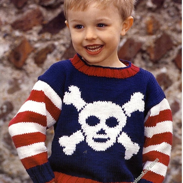 Kids Pirate Sweater Vintage Knitting Pattern 6- 12M 1-2y 3-4y 4-5yr Child Boy Girl Skull Crossbones Jumper Pullover Instant Download PDF-655